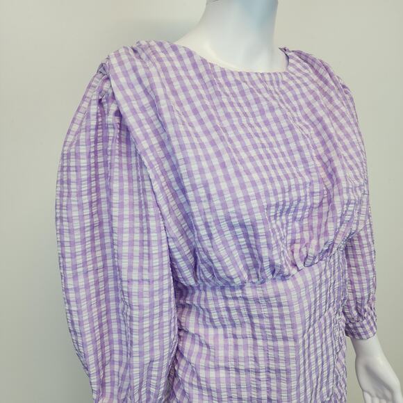 Zara Farmers Daughter Mini Dress Size M Purple Ruched Front Gingham Puff Sleeve - Picture 5 of 16
